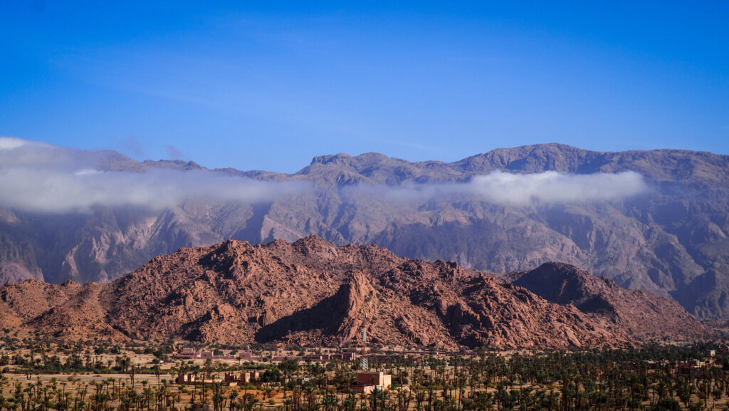 Panoramic view of Jbel Lkest massif in Tafraoute, Anti-Atlas Mountains, Morocco